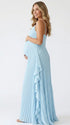 Sky blue boho pleated maternity maxi dress with cascading ruffle details for beach maternity photoshoots