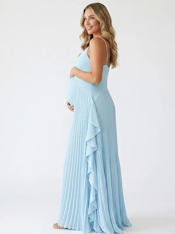Sky blue boho pleated maternity maxi dress with cascading ruffle details for beach maternity photoshoots