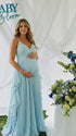 Sky blue boho pleated maternity maxi dress with cascading ruffle details for beach maternity photoshoots
