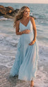 Sky blue boho pleated maternity maxi dress with cascading ruffle details for beach maternity photoshoots