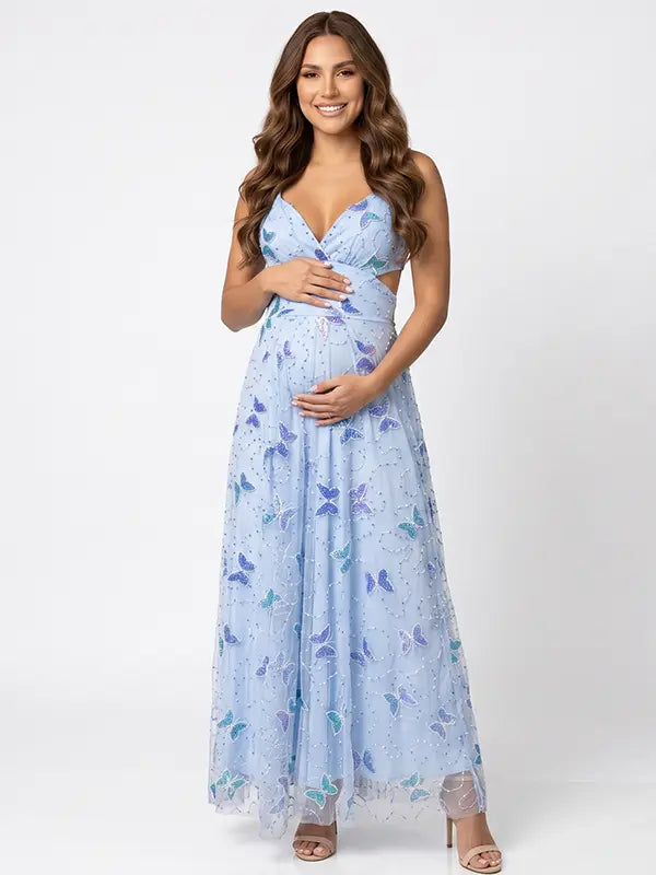 Sky blue butterfly sequin appliqué maternity maxi dress for baby shower
