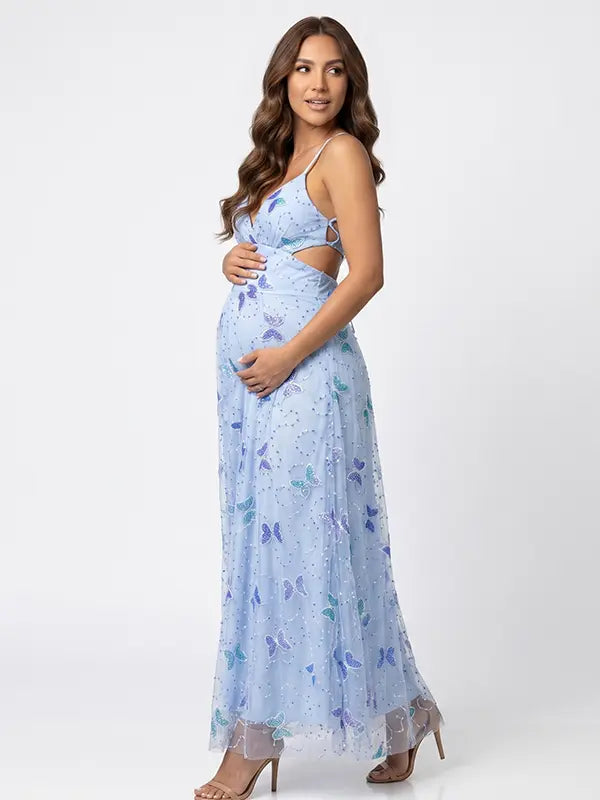 Open back butterfly maternity gown with shimmering sequin appliqués

