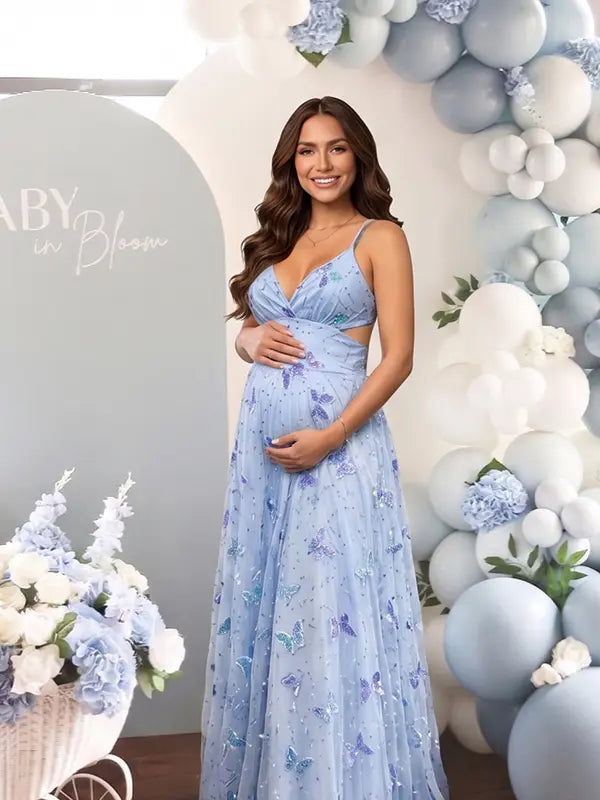 Lightweight mesh maternity dress with butterfly sequin appliqués
