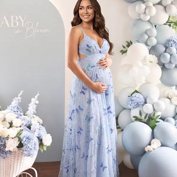 Elegant butterfly baby shower dress for pregnancy photography