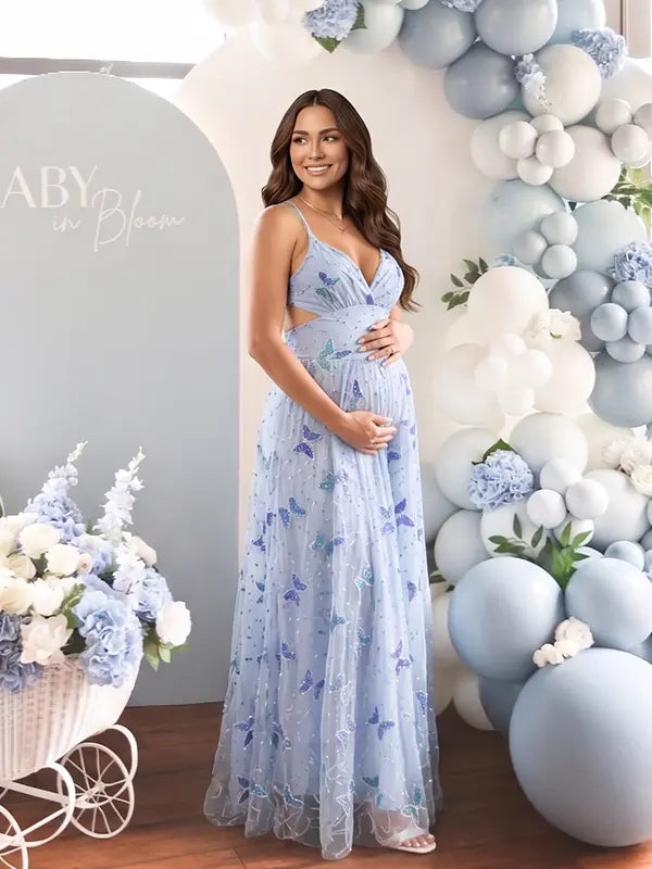 Elegant butterfly baby shower dress for pregnancy photography