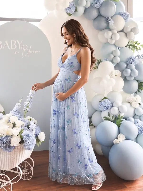 Sky blue butterfly sequin appliqué maternity maxi dress for baby shower