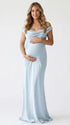 sky blue cowl neck maternity gown with open back detail and flowing silhouette
