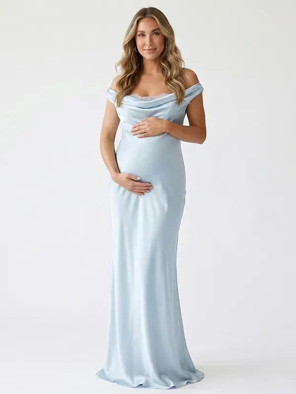 sky blue cowl neck maternity gown with open back detail and flowing silhouette