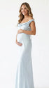 sky blue cowl neck maternity gown with open back detail and flowing silhouette