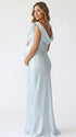 sky blue cowl neck maternity gown with open back detail and flowing silhouette