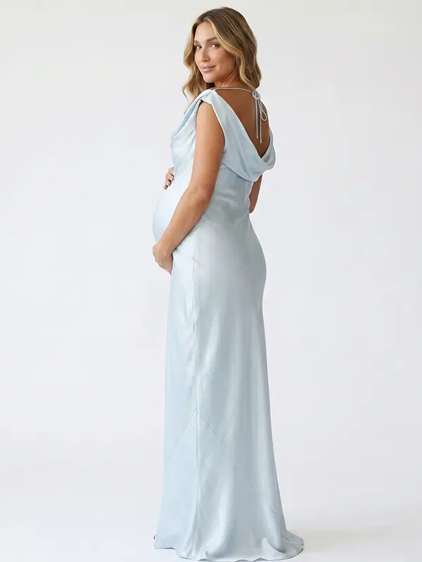 sky blue cowl neck maternity gown with open back detail and flowing silhouette