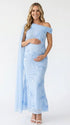 sky blue embroidered floral maternity maxi dress with off shoulder mermaid silhouette