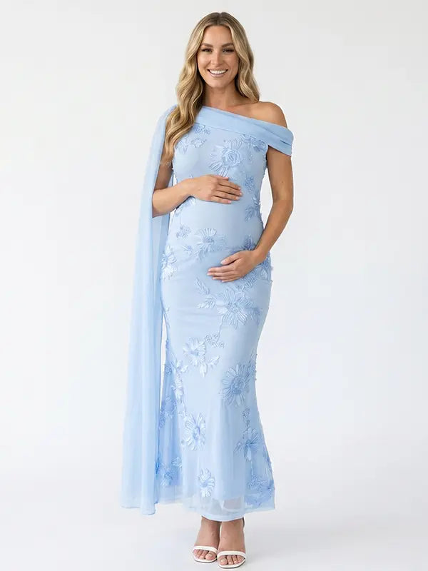 sky blue embroidered floral maternity maxi dress with off shoulder mermaid silhouette