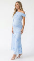 sky blue embroidered floral maternity maxi dress with off shoulder mermaid silhouette