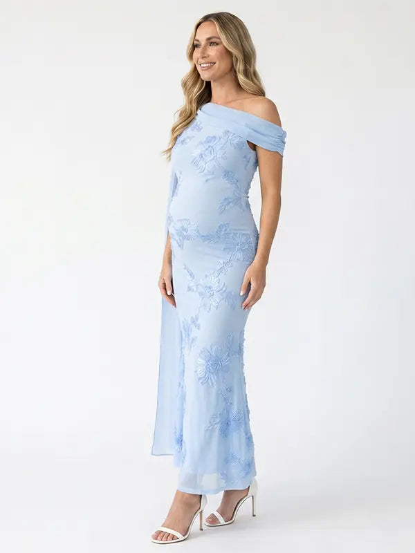 sky blue embroidered floral maternity maxi dress with off shoulder mermaid silhouette