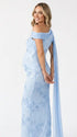 sky blue embroidered floral maternity maxi dress with off shoulder mermaid silhouette