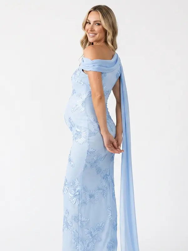 sky blue embroidered floral maternity maxi dress with off shoulder mermaid silhouette