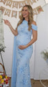 sky blue embroidered floral maternity maxi dress with off shoulder mermaid silhouette