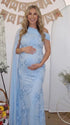 sky blue embroidered floral maternity maxi dress with off shoulder mermaid silhouette