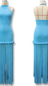 Sky blue fringe halter maternity maxi dress with tassel hem, bodycon pregnancy gown for boho baby shower, maternity photoshoot, western maternity photography, festival-inspired pregnancy portraits.