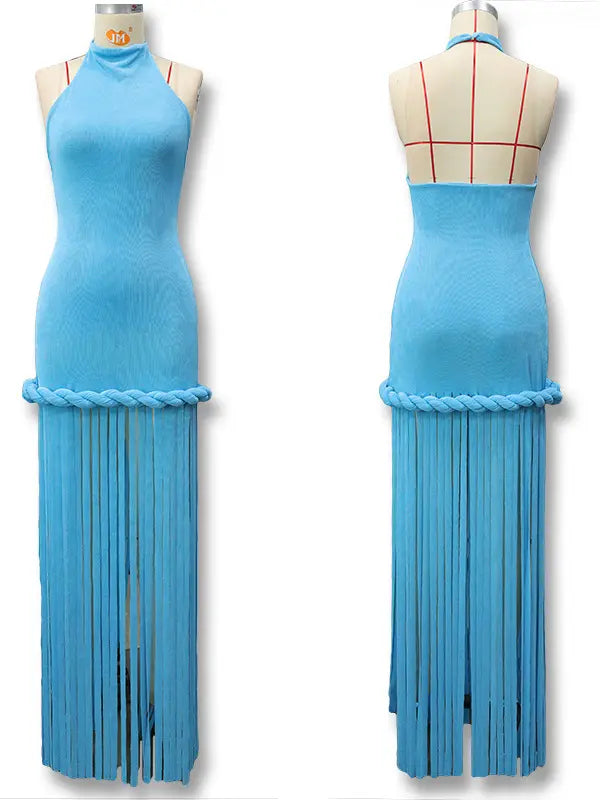 Sky blue fringe halter maternity maxi dress with tassel hem, bodycon pregnancy gown for boho baby shower, maternity photoshoot, western maternity photography, festival-inspired pregnancy portraits.