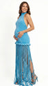 Sky blue fringe halter maternity maxi dress with tassel hem, bodycon pregnancy gown for boho baby shower, maternity photoshoot, western maternity photography, festival-inspired pregnancy portraits.