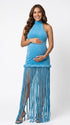 Sky blue fringe halter maternity maxi dress with tassel hem, bodycon pregnancy gown for boho baby shower, maternity photoshoot, western maternity photography, festival-inspired pregnancy portraits.