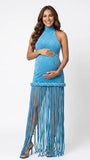 Sky blue fringe halter maternity maxi dress with tassel hem, bodycon pregnancy gown for boho baby shower, maternity photoshoot, western maternity photography, festival-inspired pregnancy portraits.
