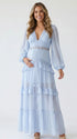 sky blue lace trim maternity maxi dress with long sleeves and tiered ruffle skirt