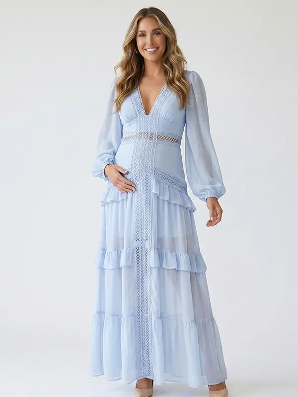 sky blue lace trim maternity maxi dress with long sleeves and tiered ruffle skirt