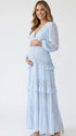 sky blue lace trim maternity maxi dress with long sleeves and tiered ruffle skirt
