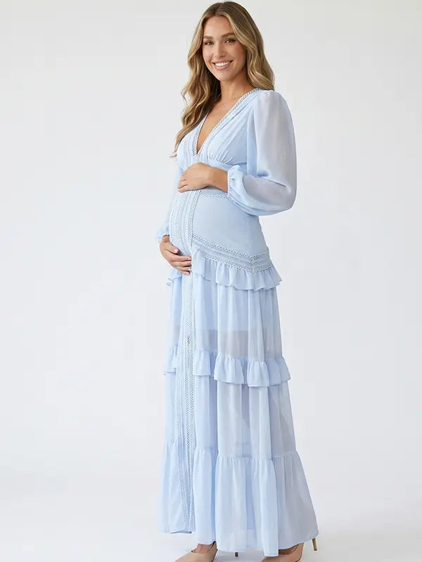 sky blue lace trim maternity maxi dress with long sleeves and tiered ruffle skirt