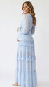 sky blue lace trim maternity maxi dress with long sleeves and tiered ruffle skirt