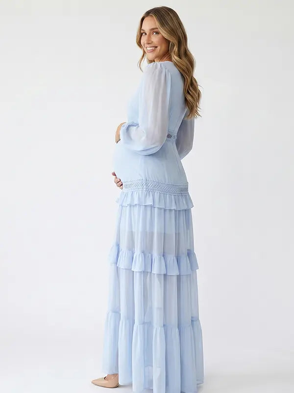 sky blue lace trim maternity maxi dress with long sleeves and tiered ruffle skirt