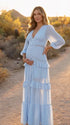 sky blue lace trim maternity maxi dress with long sleeves and tiered ruffle skirt