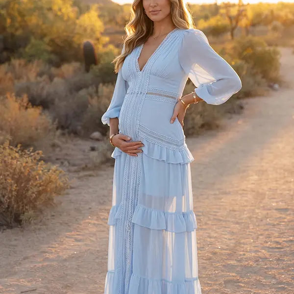 sky blue lace trim maternity maxi dress with long sleeves and tiered ruffle skirt