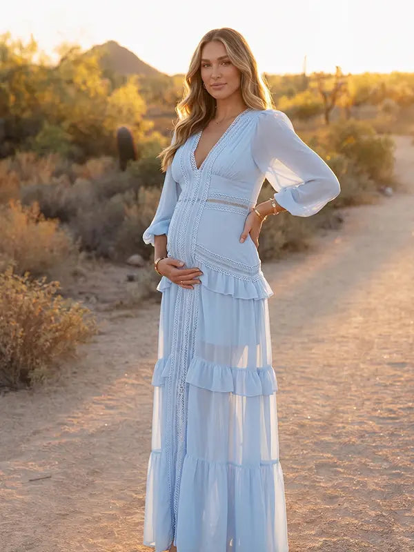 sky blue lace trim maternity maxi dress with long sleeves and tiered ruffle skirt
