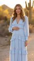sky blue lace trim maternity maxi dress with long sleeves and tiered ruffle skirt