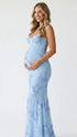 sky blue maternity dress embroidered floral mermaid lace up back pregnancy photoshoot gown