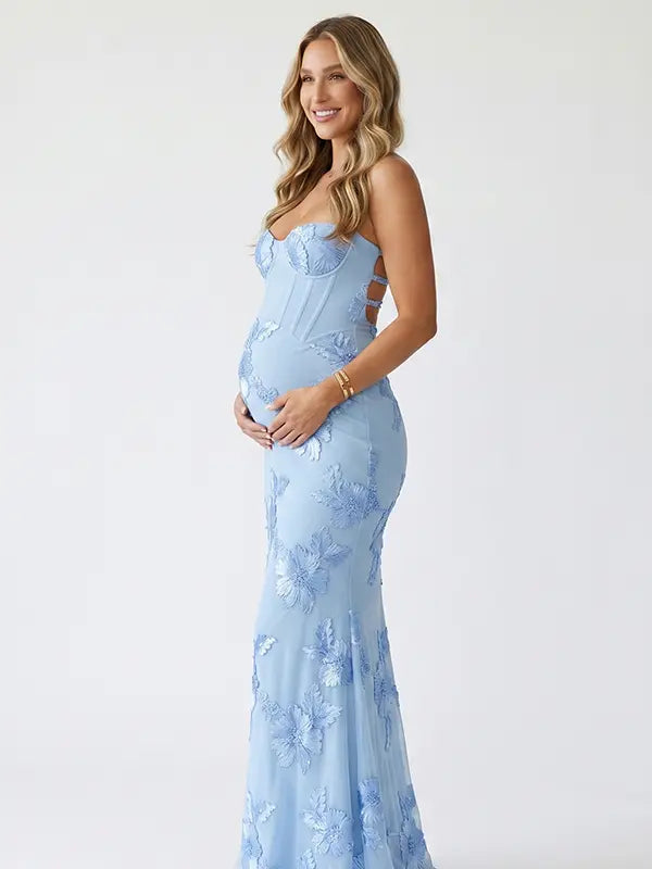 sky blue maternity dress embroidered floral mermaid lace up back pregnancy photoshoot gown