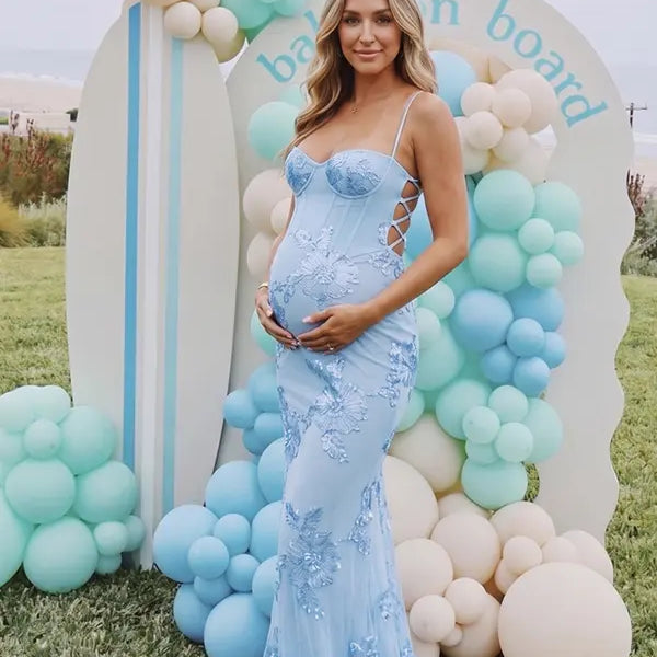 sky blue maternity dress embroidered floral mermaid lace up back pregnancy photoshoot gown