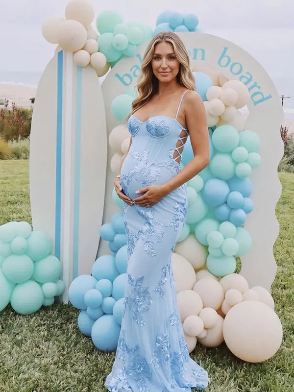 sky blue maternity dress embroidered floral mermaid lace up back pregnancy photoshoot gown