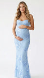 sky blue maternity dress embroidered floral mermaid lace up back pregnancy photoshoot gown