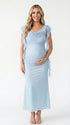 sky blue mesh maternity gown with draped cowl neckline and cascading ruffle sleeves