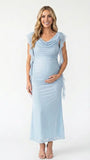 sky blue mesh maternity gown with draped cowl neckline and cascading ruffle sleeves