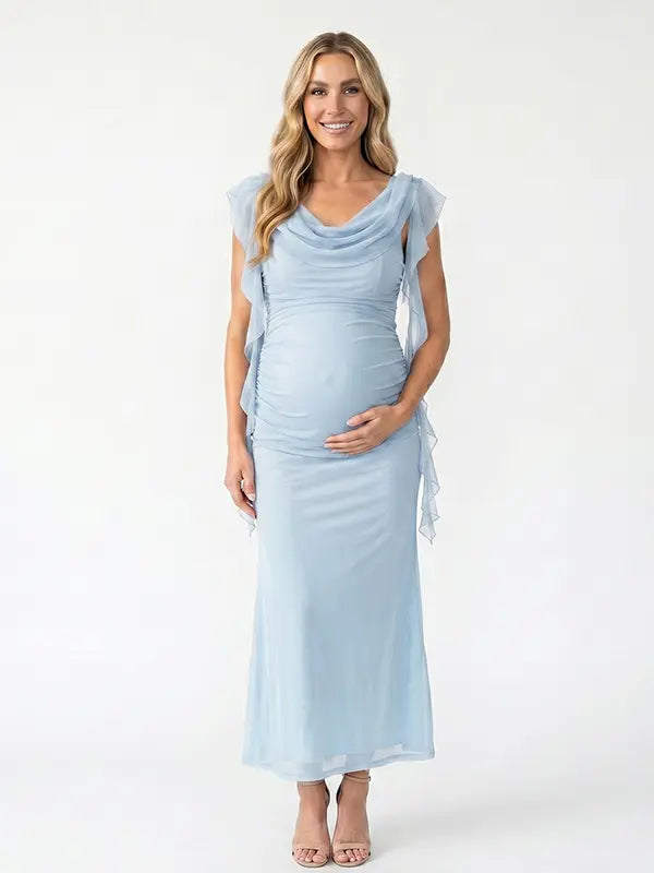 sky blue mesh maternity gown with draped cowl neckline and cascading ruffle sleeves