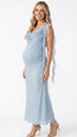 sky blue mesh maternity gown with draped cowl neckline and cascading ruffle sleeves