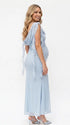 sky blue mesh maternity gown with draped cowl neckline and cascading ruffle sleeves
