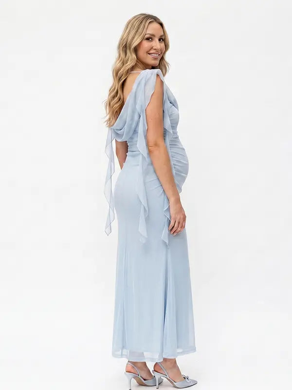 sky blue mesh maternity gown with draped cowl neckline and cascading ruffle sleeves