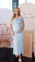 sky blue mesh maternity gown with draped cowl neckline and cascading ruffle sleeves